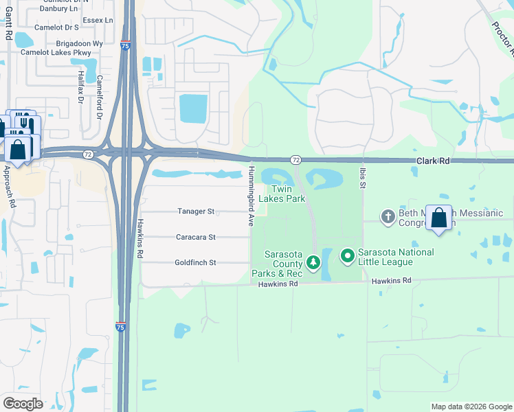 map of restaurants, bars, coffee shops, grocery stores, and more near 5895 Hummingbird Avenue in Sarasota
