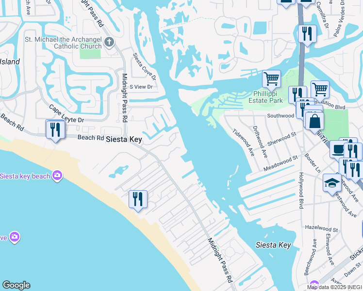 map of restaurants, bars, coffee shops, grocery stores, and more near 1350 Siesta Bayside Drive in Siesta Key