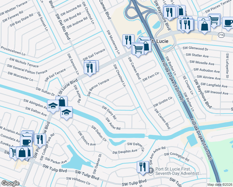 map of restaurants, bars, coffee shops, grocery stores, and more near 561 Southwest Banks Terrace in Port St. Lucie