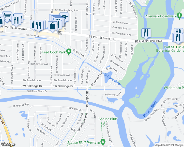 map of restaurants, bars, coffee shops, grocery stores, and more near 2520 Southeast Price Court in Port St. Lucie