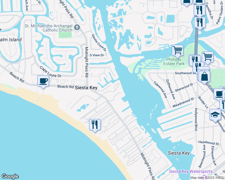 map of restaurants, bars, coffee shops, grocery stores, and more near 1350 Siesta Bayside Drive in Siesta Key