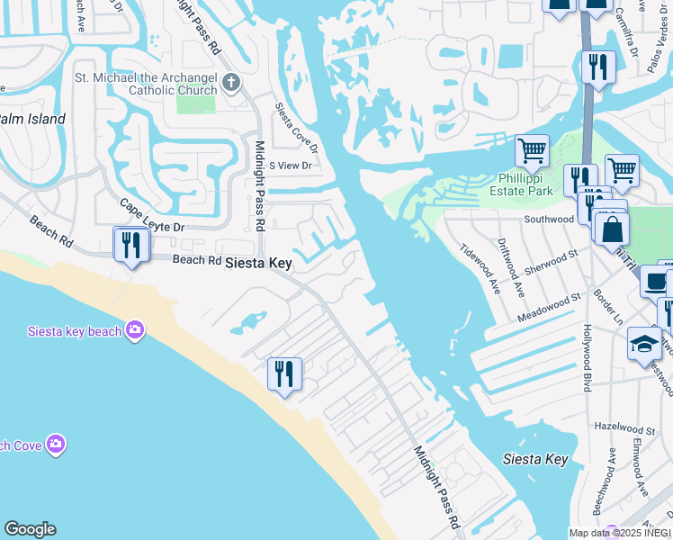 map of restaurants, bars, coffee shops, grocery stores, and more near 1350 Siesta Bayside Drive in Siesta Key