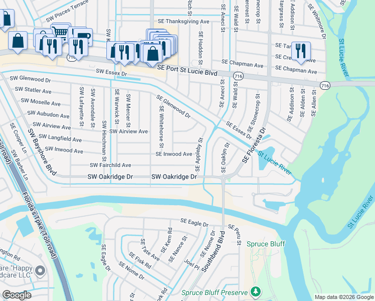 map of restaurants, bars, coffee shops, grocery stores, and more near 482 Southeast Langfield Avenue in Port St. Lucie