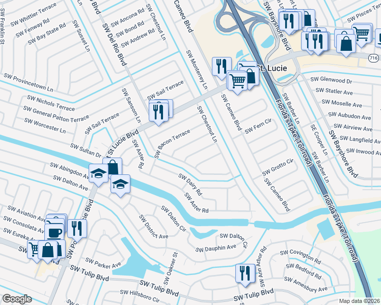 map of restaurants, bars, coffee shops, grocery stores, and more near 561 Southwest Banks Terrace in Port St. Lucie