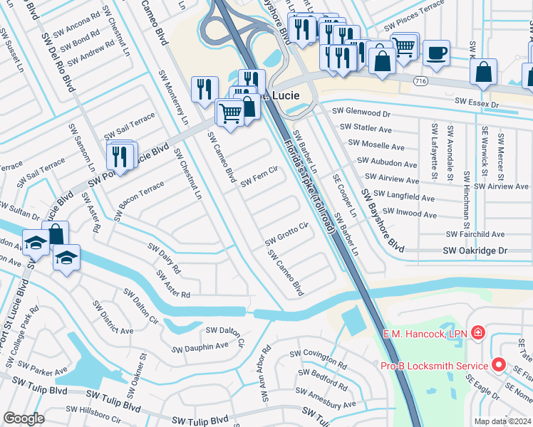 map of restaurants, bars, coffee shops, grocery stores, and more near 2414 Southwest Falcon Circle in Port St. Lucie