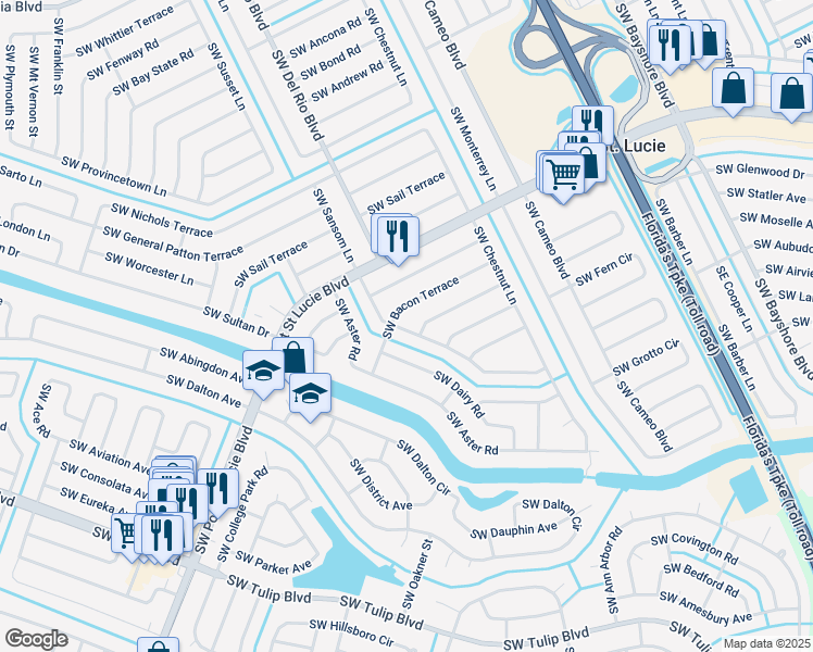 map of restaurants, bars, coffee shops, grocery stores, and more near 623 Southwest Sansom Lane in Port Saint Lucie