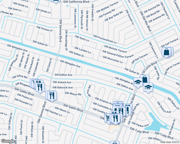 map of restaurants, bars, coffee shops, grocery stores, and more near 1074 Southwest Abingdon Avenue in Port St. Lucie