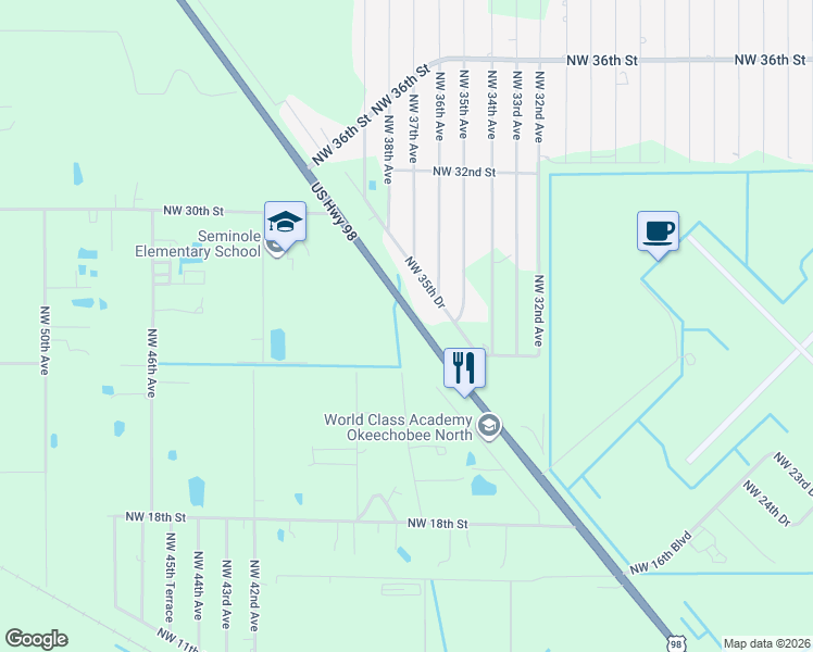 map of restaurants, bars, coffee shops, grocery stores, and more near 2651 U.S. 98 in Okeechobee