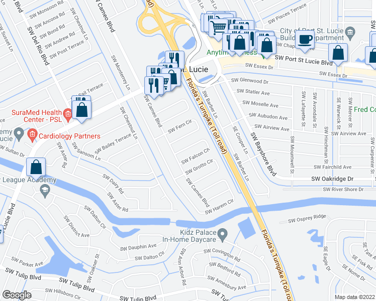 map of restaurants, bars, coffee shops, grocery stores, and more near 2414 Southwest Falcon Circle in Port St. Lucie