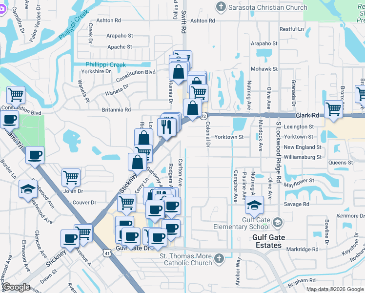 map of restaurants, bars, coffee shops, grocery stores, and more near 2739 Terry Lane in Sarasota