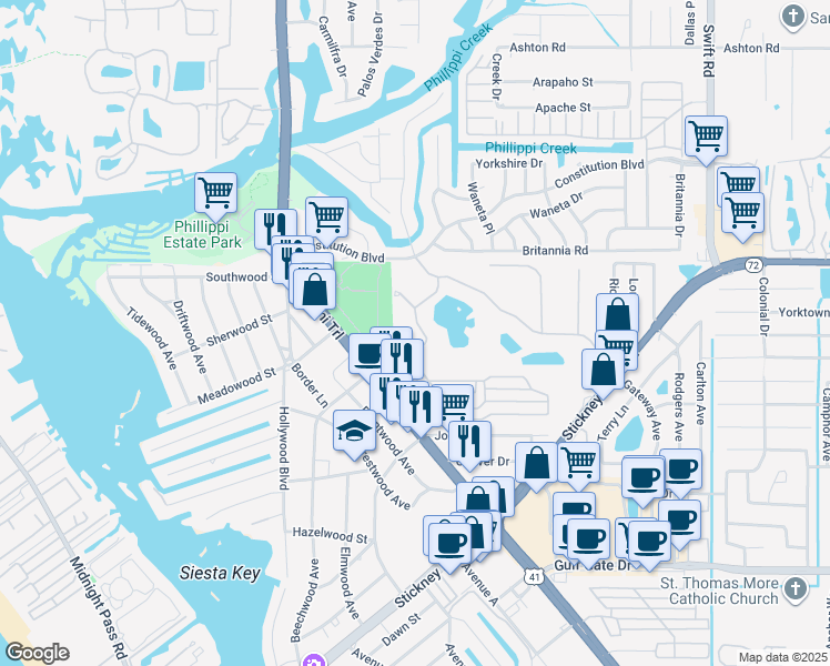 map of restaurants, bars, coffee shops, grocery stores, and more near 8141 Gabanna Drive in Sarasota
