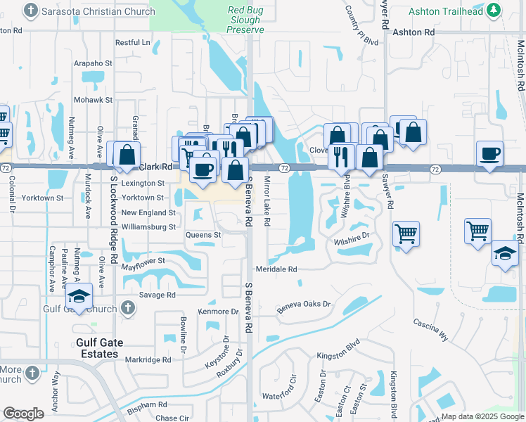map of restaurants, bars, coffee shops, grocery stores, and more near 5960 Mirror Lake Road in Sarasota