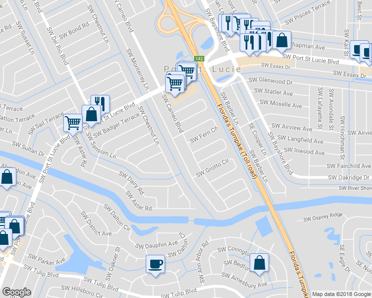 map of restaurants, bars, coffee shops, grocery stores, and more near 2526 Southwest Cameo Boulevard in Port St. Lucie