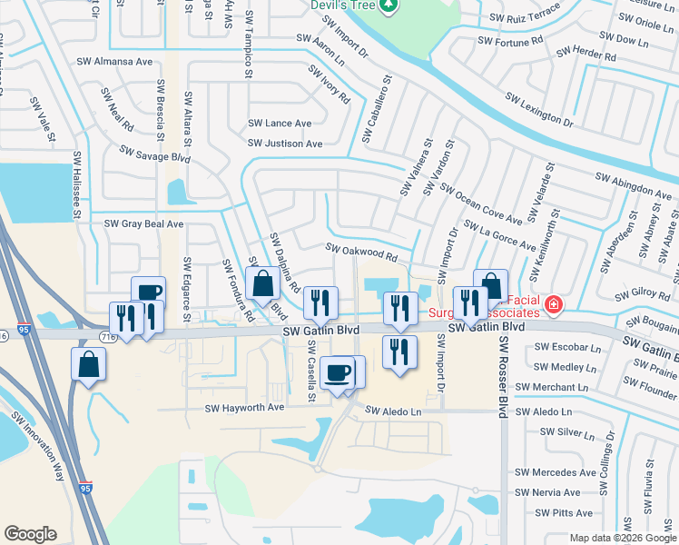 map of restaurants, bars, coffee shops, grocery stores, and more near 2543 Southwest Altosta Street in Port St. Lucie