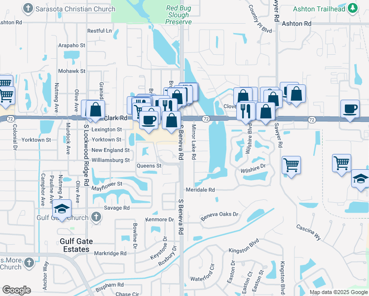 map of restaurants, bars, coffee shops, grocery stores, and more near 5960 Mirror Lake Road in Sarasota