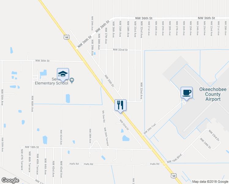 map of restaurants, bars, coffee shops, grocery stores, and more near 2609 Northwest 35th Drive in Okeechobee