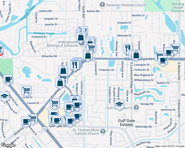 map of restaurants, bars, coffee shops, grocery stores, and more near 2901 New England Street in Sarasota