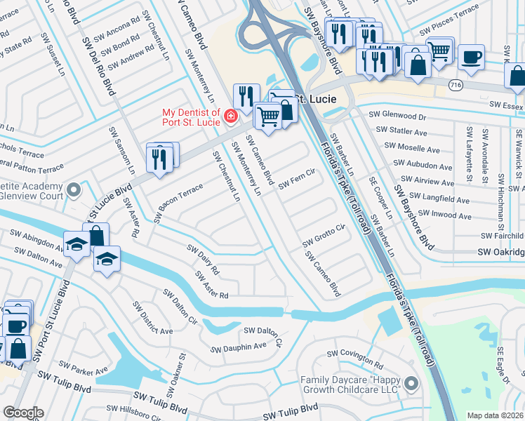 map of restaurants, bars, coffee shops, grocery stores, and more near 2508 Southwest Monterrey Lane in Port St. Lucie
