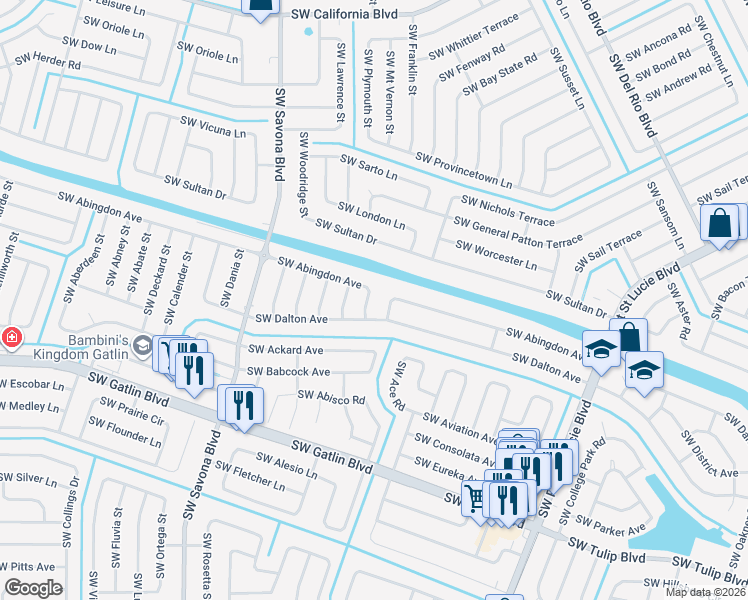 map of restaurants, bars, coffee shops, grocery stores, and more near 2549 Southwest Cain Street in Port St. Lucie