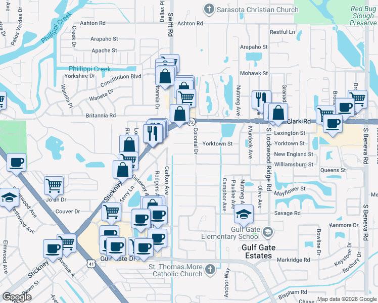 map of restaurants, bars, coffee shops, grocery stores, and more near 2901 New England Street in Sarasota