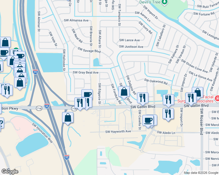 map of restaurants, bars, coffee shops, grocery stores, and more near 2134 Southwest Alloway Avenue in Port St. Lucie