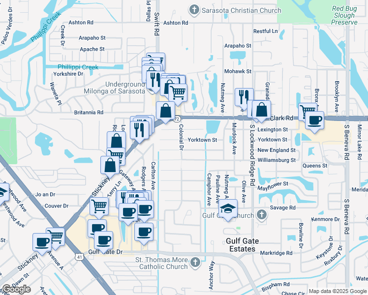 map of restaurants, bars, coffee shops, grocery stores, and more near 2901 New England Street in Sarasota
