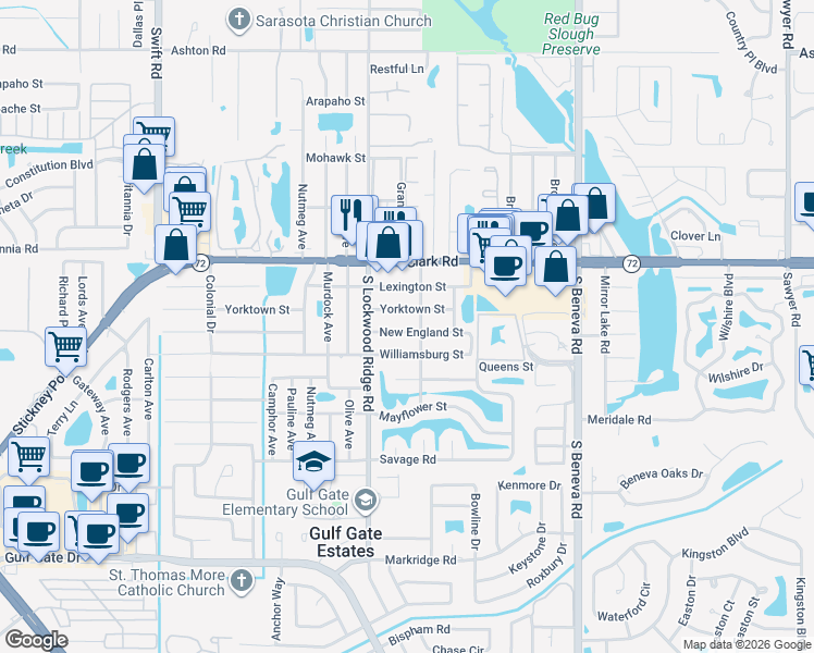 map of restaurants, bars, coffee shops, grocery stores, and more near 3241 New England Street in Sarasota