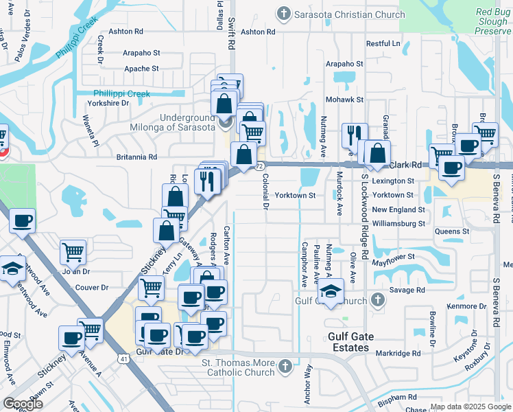 map of restaurants, bars, coffee shops, grocery stores, and more near 2901 New England Street in Sarasota
