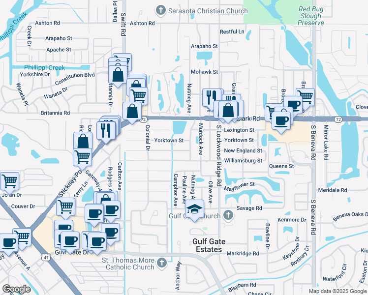 map of restaurants, bars, coffee shops, grocery stores, and more near 3053 New England Street in Sarasota