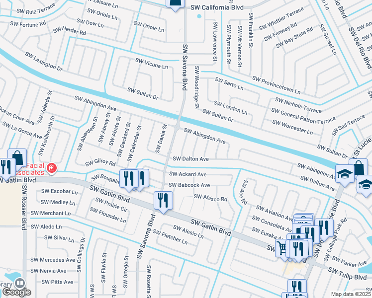 map of restaurants, bars, coffee shops, grocery stores, and more near 2555 Southwest Abelard Street in Port St. Lucie