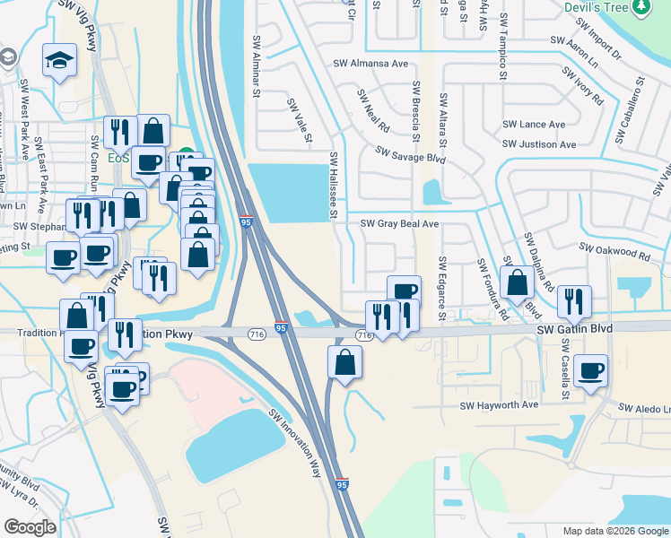 map of restaurants, bars, coffee shops, grocery stores, and more near 2560 Southwest Halissee Street in Port Saint Lucie