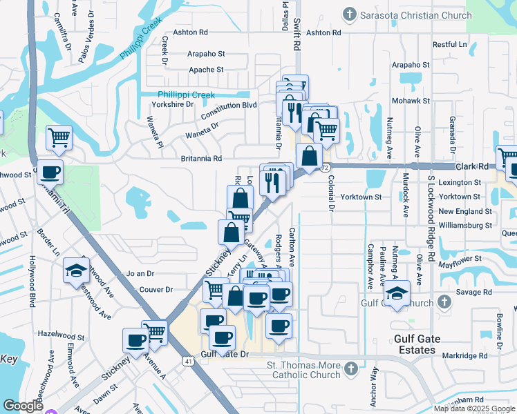 map of restaurants, bars, coffee shops, grocery stores, and more near 2653 Stickney Point Road in Sarasota