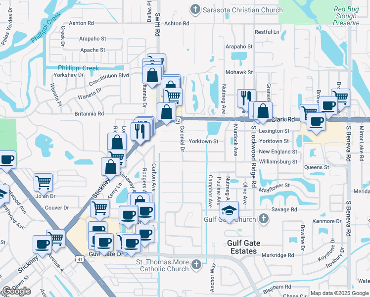 map of restaurants, bars, coffee shops, grocery stores, and more near 2901 New England Street in Sarasota