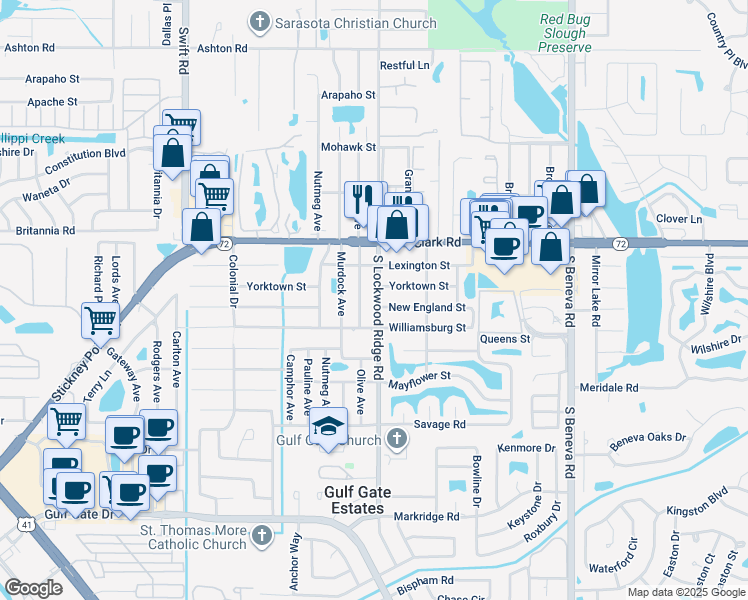 map of restaurants, bars, coffee shops, grocery stores, and more near 5938 South Lockwood Ridge Road in Sarasota
