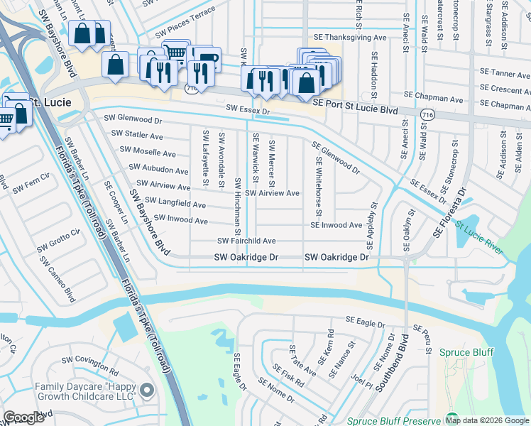 map of restaurants, bars, coffee shops, grocery stores, and more near 182 Southwest Langfield Avenue in Port St. Lucie