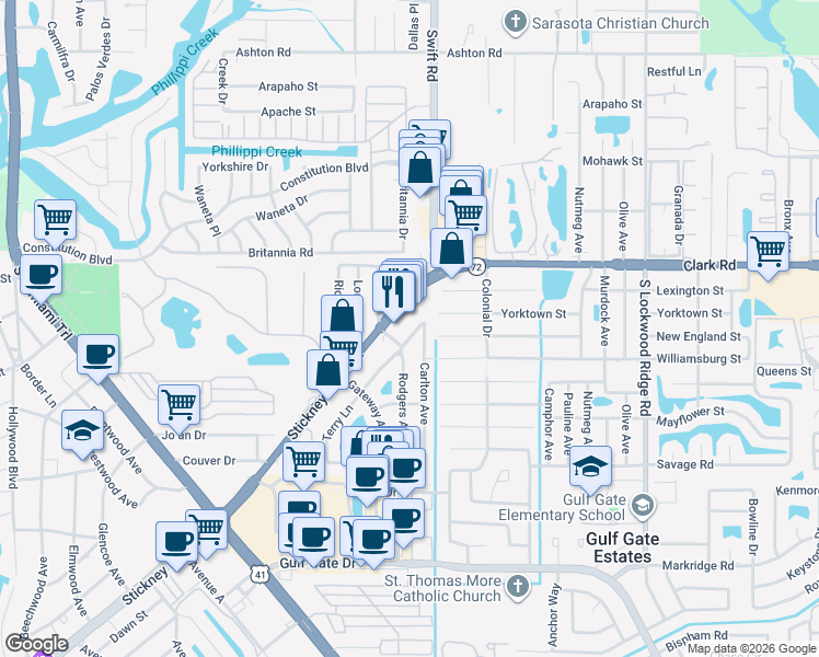 map of restaurants, bars, coffee shops, grocery stores, and more near 2739 Terry Lane in Sarasota