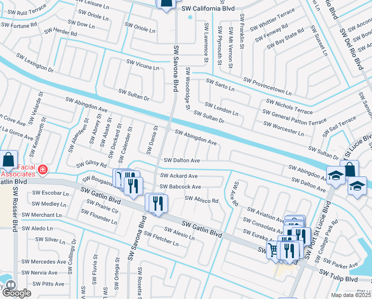 map of restaurants, bars, coffee shops, grocery stores, and more near 2555 Southwest Abelard Street in Port St. Lucie