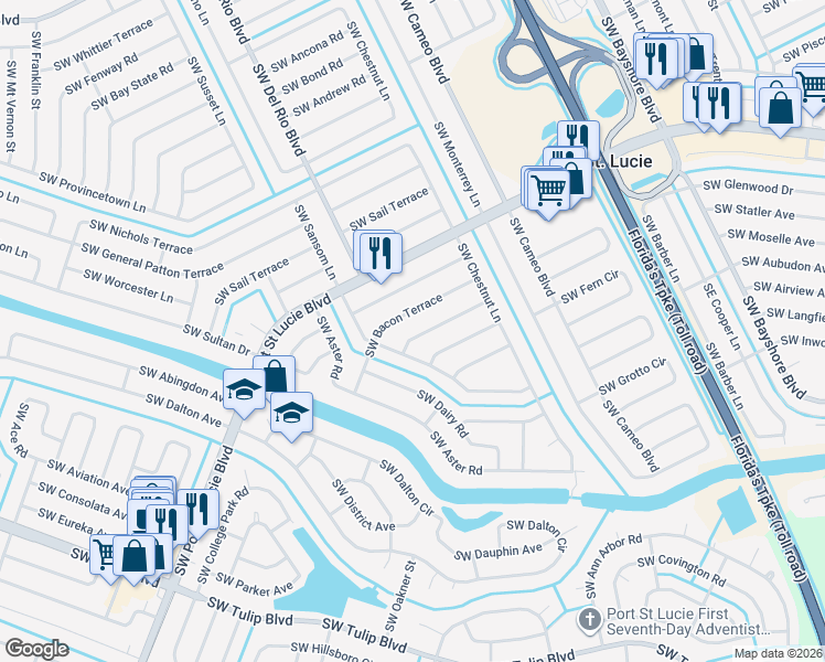 map of restaurants, bars, coffee shops, grocery stores, and more near 577 Southwest Bailey Terrace in Port St. Lucie