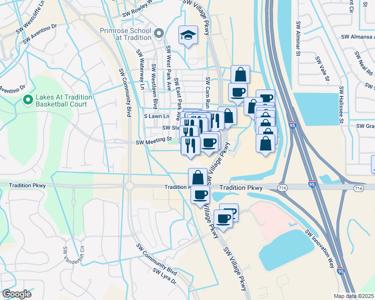 map of restaurants, bars, coffee shops, grocery stores, and more near 10553 Southwest Meeting Street in Port St. Lucie