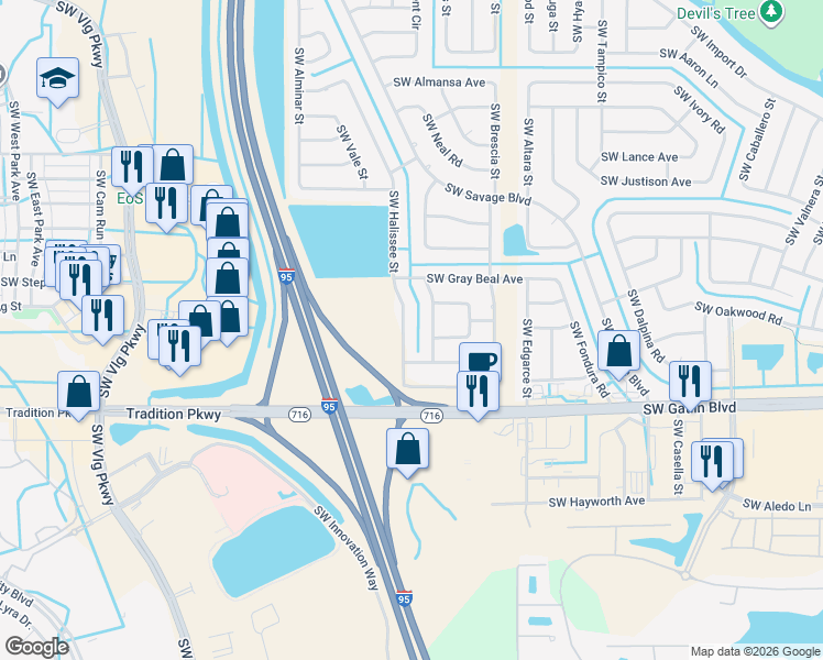 map of restaurants, bars, coffee shops, grocery stores, and more near 2560 Southwest Halissee Street in Port St. Lucie