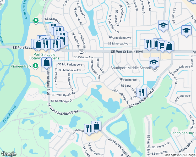 map of restaurants, bars, coffee shops, grocery stores, and more near 1381 Southeast Palm Beach Road in Port St. Lucie
