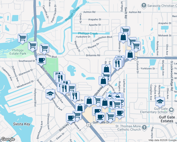 map of restaurants, bars, coffee shops, grocery stores, and more near 8299 Varenna Drive in Sarasota