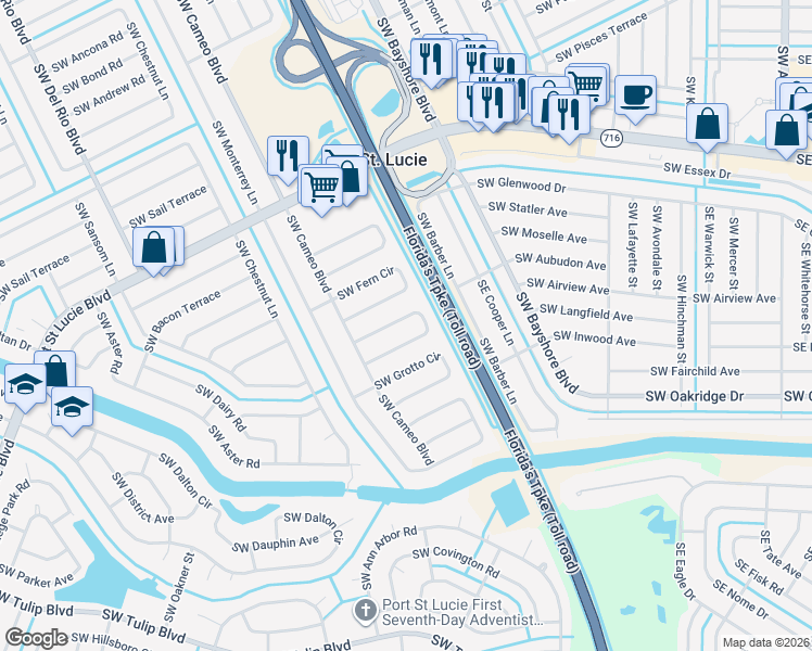 map of restaurants, bars, coffee shops, grocery stores, and more near 2430 Southwest Falcon Circle in Port St. Lucie