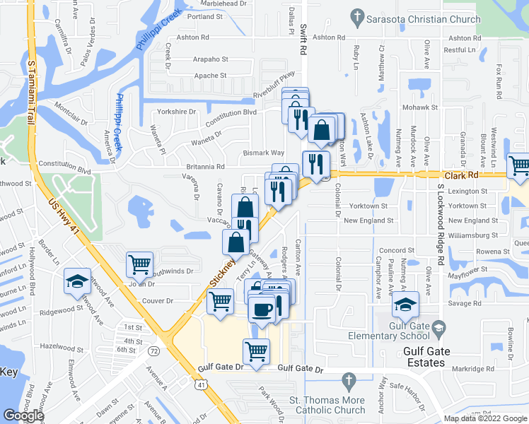 map of restaurants, bars, coffee shops, grocery stores, and more near 2653 Stickney Point Road in Sarasota