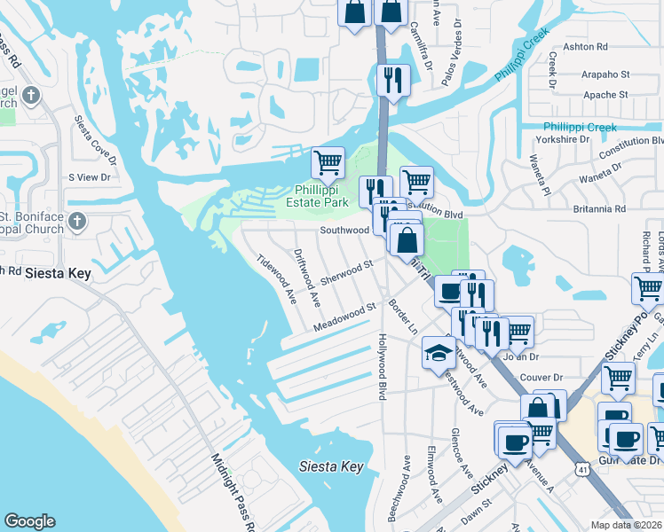 map of restaurants, bars, coffee shops, grocery stores, and more near 5875 Wildwood Avenue in Sarasota