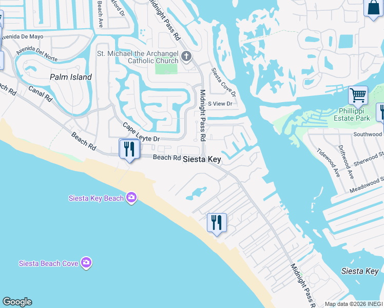map of restaurants, bars, coffee shops, grocery stores, and more near 1171 Lake House Circle in Siesta Key