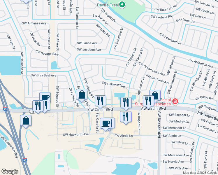 map of restaurants, bars, coffee shops, grocery stores, and more near 2543 Southwest Altosta Street in Port St. Lucie