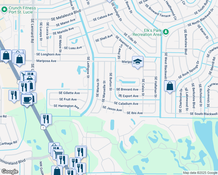 map of restaurants, bars, coffee shops, grocery stores, and more near 2492 Southeast Burton Street in Port St. Lucie