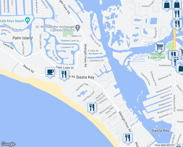 map of restaurants, bars, coffee shops, grocery stores, and more near 1215 Dockside Place in Siesta Key