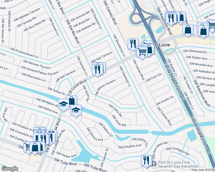 map of restaurants, bars, coffee shops, grocery stores, and more near 577 Southwest Bailey Terrace in Port St. Lucie